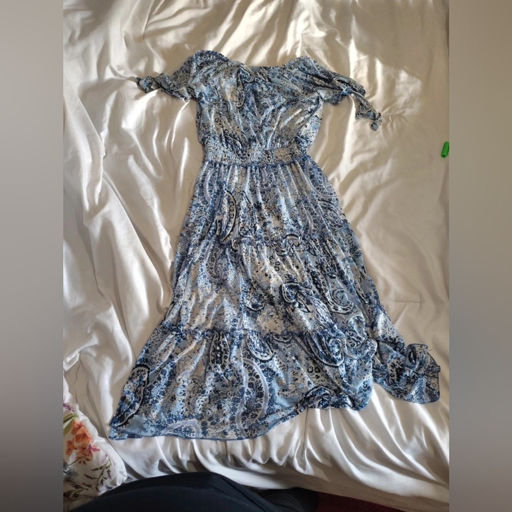 Blue Paisley Off-Shoulder Maxi Dress